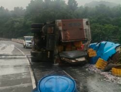 लांजा : अंजणारी पुलावर ब्रेक फेल झाल्याने मासळीचा ट्रक महामार्गावर पलटी, चालक जखमी, मासळीचे मोठे नुकसान
